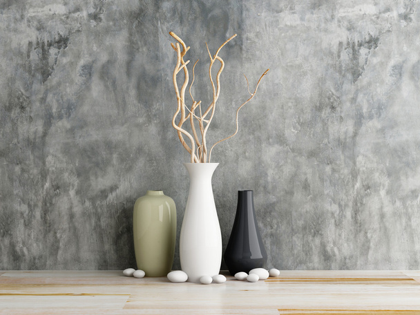vase ceramics on wooden and concrete wall background - Foto, imagen