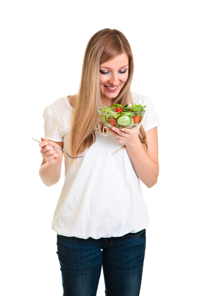 Woman with salad isolated on white - Foto, afbeelding