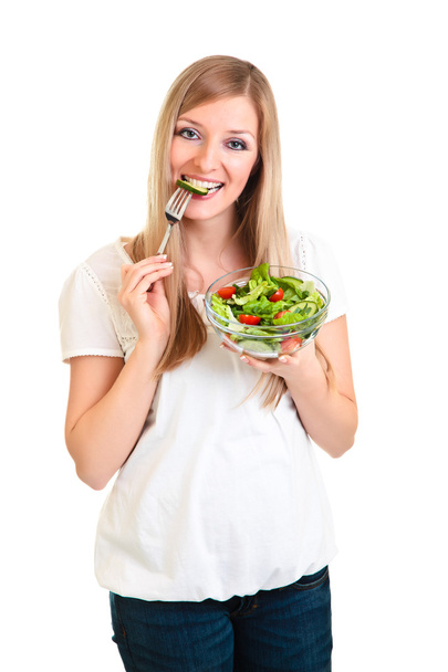 Woman with salad isolated on white - Foto, Imagem