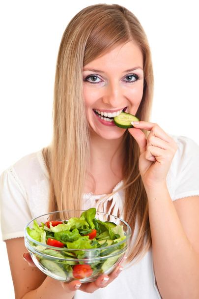 Woman with salad isolated on white - Fotoğraf, Görsel