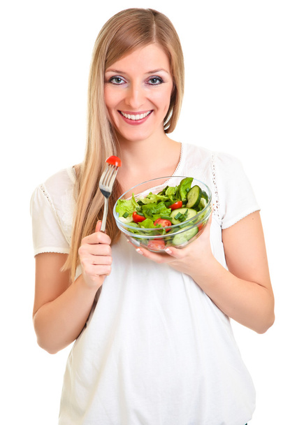 Woman with salad isolated on white - Φωτογραφία, εικόνα