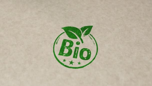 Bio természetes és organikus bélyegző és kézi bélyegzés hatása animáció. Ökológia, környezet, természetes élelmiszer, bio és egészséges táplálkozás 3D kiolvasztott fogalom. - Felvétel, videó