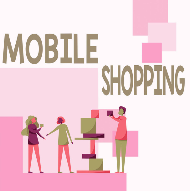 Conceptual display Mobile Shopping. Business showcase trading of goods and services through wireless devices Three Colleagues Standing Helping Each Other With Building Blocks. - Photo, Image