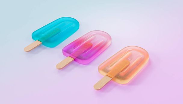 Frozen fruit popsicles on gradient background, 3d minimal render - Фото, изображение