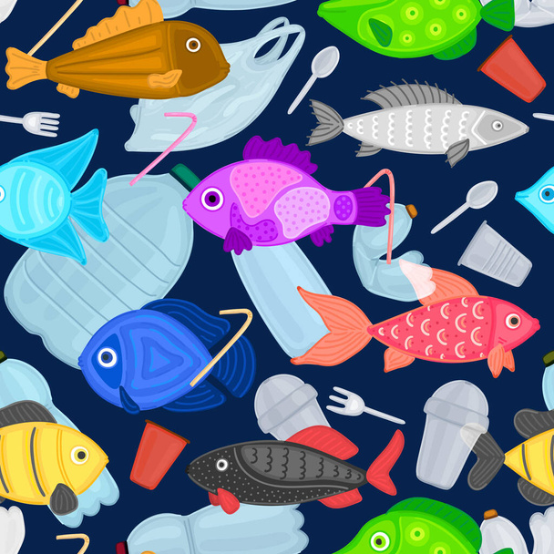 Vector seamless pattern with fish swims among the garbage. Stop plastic ocean pollution. Marine life under threat. Waste in water. Trash underwater. Environmental Protection. Wrapping, header, poster - Фото, изображение