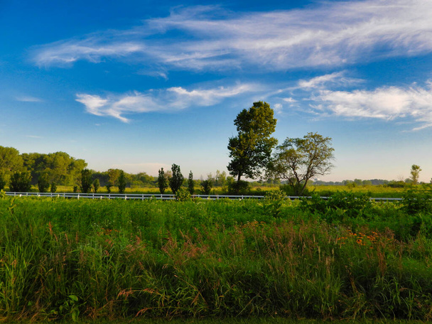 Atemberaubender Sommertag auf dem Pferdehof mit strahlend blauem Himmel und streifenweißen Wolken über eingezäuntem Gelände mit weißem Zaun und sommergrünem Laub und Bäumen, die das Gelände umgeben - Foto, Bild