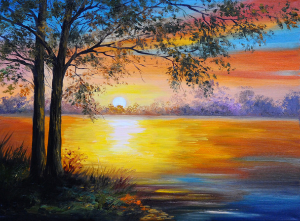 Oil painting landscape - tree near the lake - Photo, Image