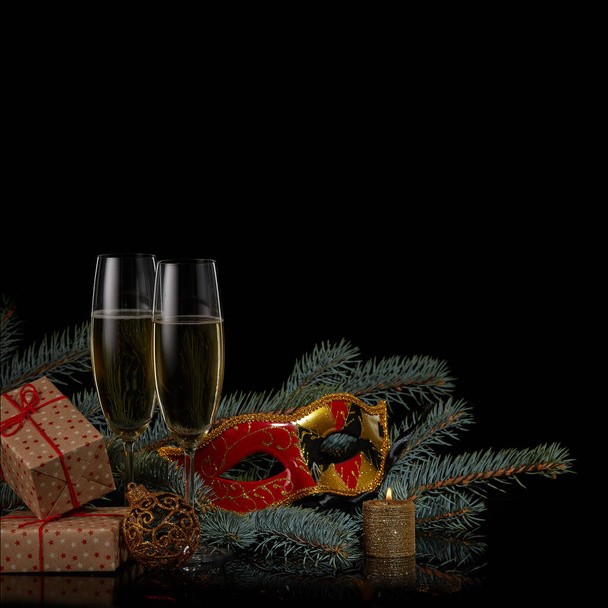 christmas background with champagne and glasses - Fotoğraf, Görsel