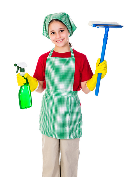 Fille heureuse avec équipement de nettoyage
 - Photo, image