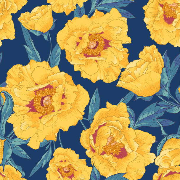 黄色い花を持つ熱帯のシームレスなパターン - ベクター画像