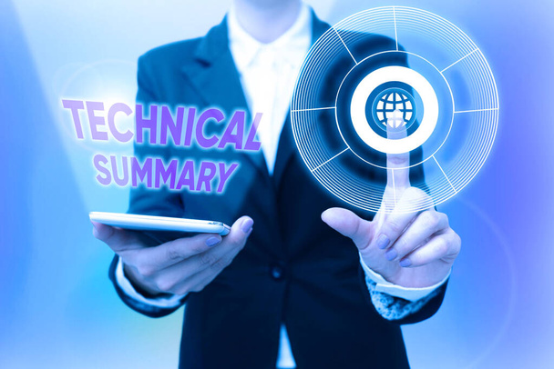 Handwriting text Technical Summary. Business concept includes recommendations and conclusions of the research Lady In Uniform Holding Phone Pressing Virtual Button Futuristic Technology. - Photo, Image