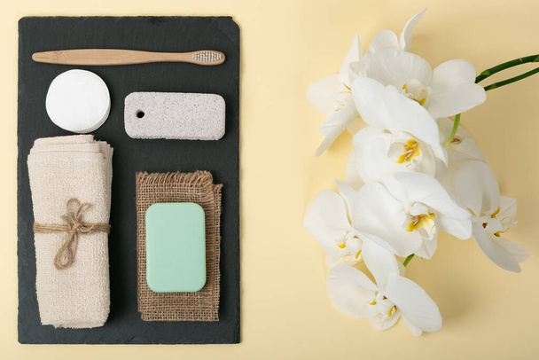 Various eco friendly spa treatment and wellness procucts. Different personal hygiene objects. Environmental awareness and beauty concept - Photo, image