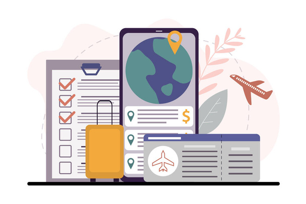 Mobile phone application choose place and ticket to travel. Searching and planning trip. World adventure travel. Summer vacation, recreation and tour concept. Airplane travel. Flat vector illustration - Vektor, Bild