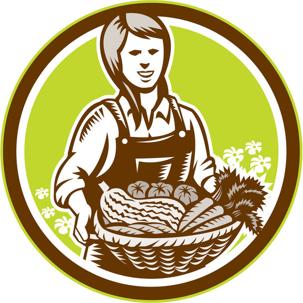 Fazenda agricultor feminino orgânico Produzir colheita Woodcut
 - Vetor, Imagem