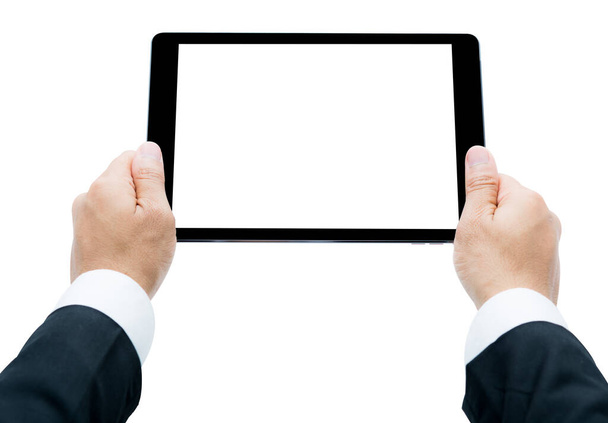 businessman holding tablet pc isolated on white background - Photo, Image