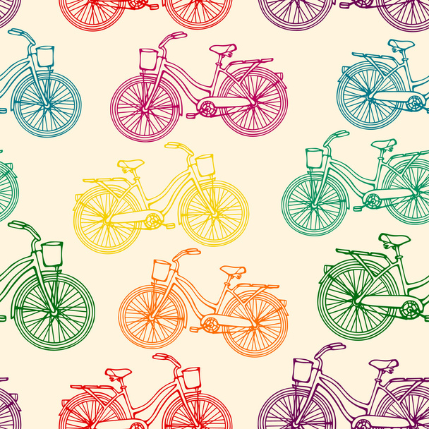 Seamless pattern with outline colorful rainbow vintage bicycles - Vektor, kép