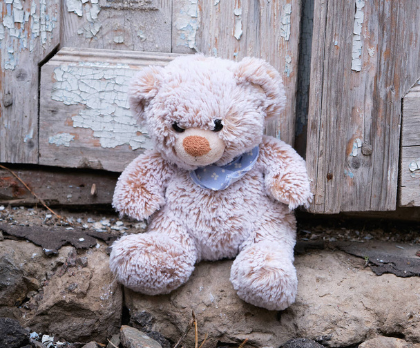 little teddy bear sits on the doorstep near an old door with cracked paint, close up - Foto, Imagem