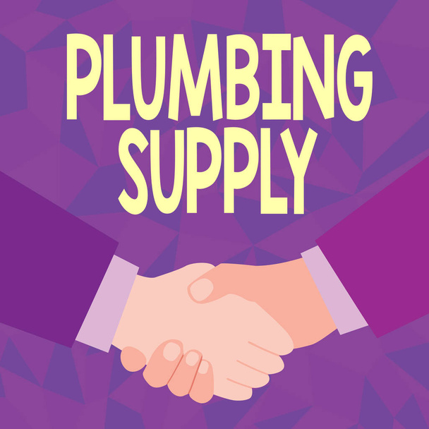 Hand writing sign Plumbing Supply. Word Written on tubes or pipes connect plumbing fixtures and appliances Abstract People Accepting Deals, Image Displaying Negotiations Agreement - Фото, изображение