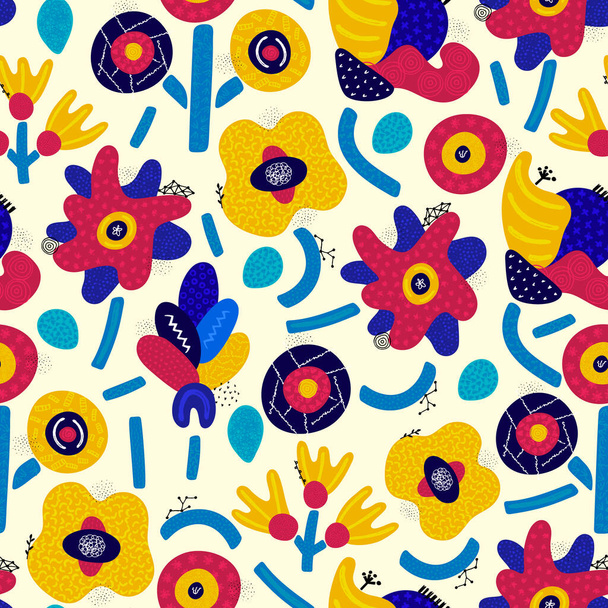 Vector seamless pattern. Abstract hand drawn flowers with different textures. Floral composition. Freehand style. Artistic design for wallpaper, textiles, wrapping, card, print on clothes, packaging - Fotografie, Obrázek