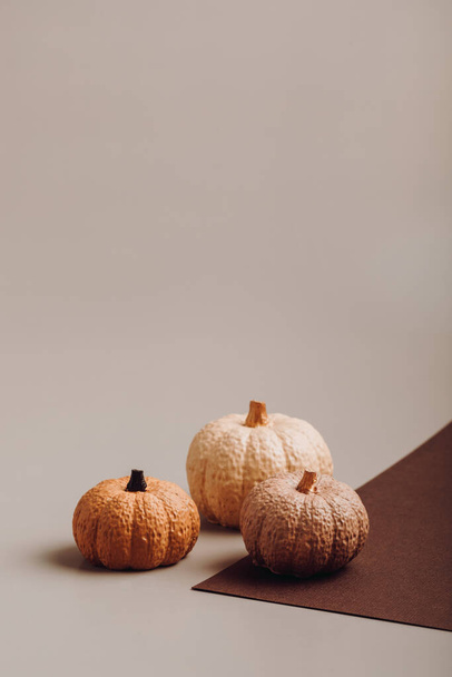 Flat lay with handmade painted gypsum pumpkins and copy space. Autumn holidays card mockup - Fotoğraf, Görsel