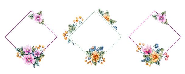 watercolor floral frame with flowers, leaves, buds, flower, hydrangea, roses, wildflowers, wedding, - Photo, image