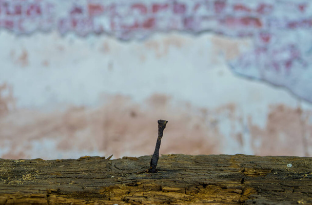 Un clavo oxidado clavado en una viga de madera podrida frente a una vieja pared de ladrillo. Espacio de copia agradable para sus mensajes importantes. - Foto, Imagen