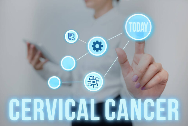 Sign displaying Cervical Cancer. Business idea type of cancer that occurs in the cells of the cervix Lady Holding Tablet Pressing On Virtual Button Showing Futuristic Tech. - Photo, Image