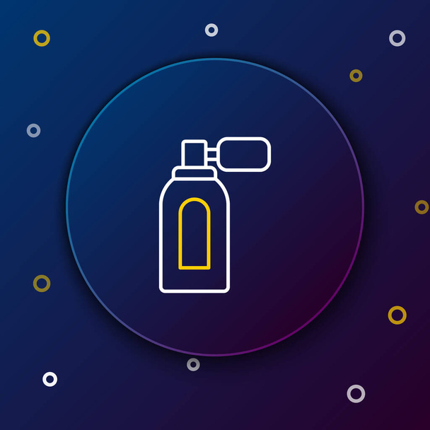 Mavi arka planda izole edilmiş atom ikonu olan traş losyonu şişesi. Parfüm spreyi ikonu. Erkek parfüm şişesi. Renkli taslak konsepti. Vektör - Vektör, Görsel