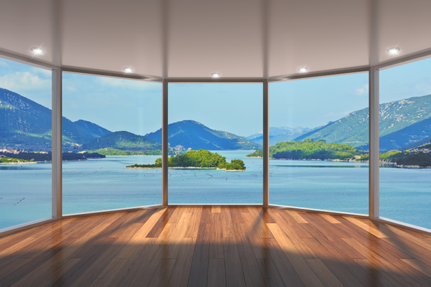 Espace salon moderne vide avec grande baie vitrée
 - Photo, image