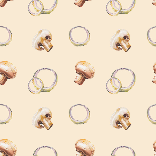 watercolor onion rings and champignon pattern - 写真・画像