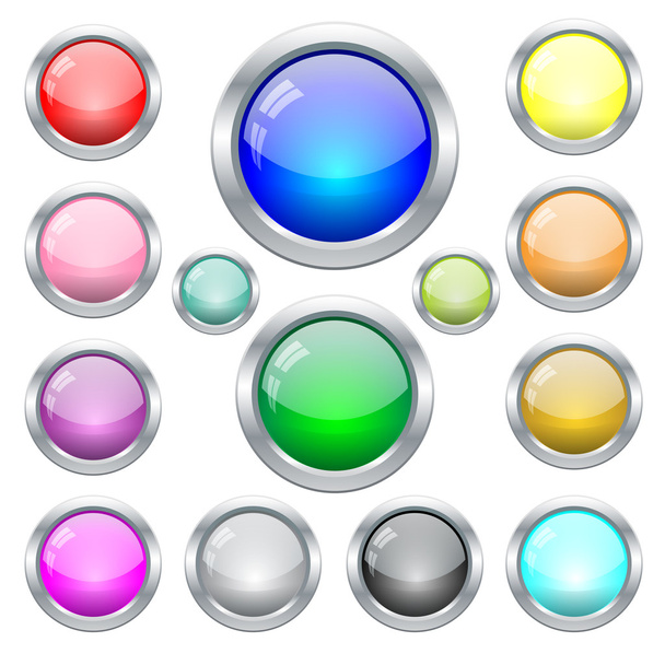 Conjunto de botones de tela de vidrio brillante de colores en marco de metal
 - Vector, imagen