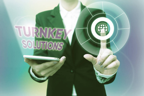 Inspiration showing sign Turnkey Solutions. Internet Concept immediately easily ready to use upon implementation Lady In Uniform Holding Phone Pressing Virtual Button Futuristic Technology. - Photo, Image