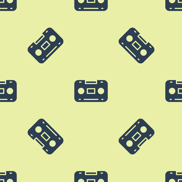 Blue Retro audio cassette tape icon isolated seamless pattern on yellow background. Vector - Вектор,изображение