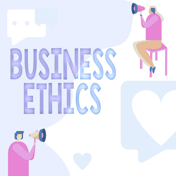 Sign displaying Business Ethics. Business approach study of appropriate business policies and practices Man Standing And Woman Sitting Both Holding Megaphone With Message Symbol. - Photo, Image