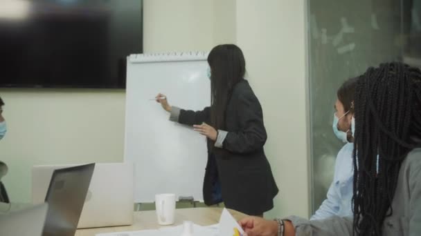 Una giovane imprenditrice sta dimostrando il progetto nel consiglio di amministrazione - Filmati, video