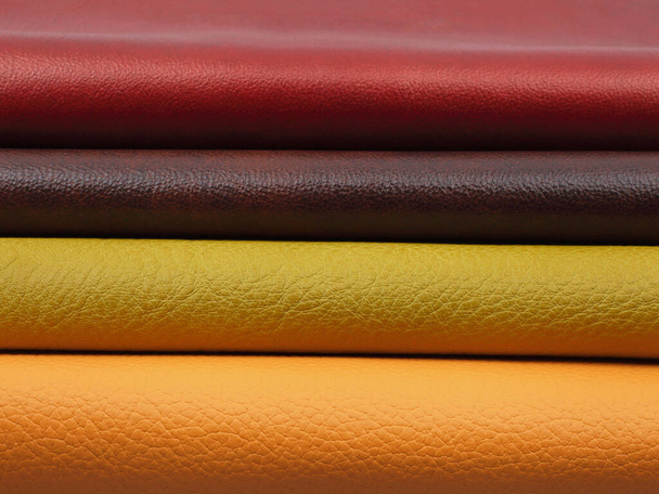 Different colors natural leather textures samples - Fotoğraf, Görsel