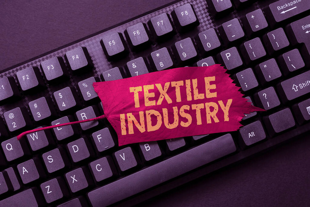 Tekstil Endüstrisini gösteren tabela. İplik kumaşı ve giysinin üretimi ve dağıtımı için kelime Soyut Online Daktilo Yarışması, Komik Çevrimiçi Kitap Fikirleri Oluşturma - Fotoğraf, Görsel