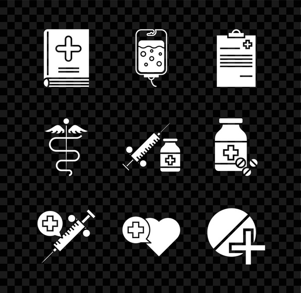 Set Medisch boek, infuuszak, klembord met klinisch dossier, injectienaald, hartkruis, medicijntablet, Caduceus slangensymbool en ampul-icoon. Vector - Vector, afbeelding