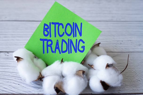 Tekstbord met Bitcoin Trading. Concept betekent kopen en verkopen van cryptogeld in aandelen markt Blanco stuk van plakkerige nota geplaatst op de bovenkant van de tabel met katoen Plant. - Foto, afbeelding