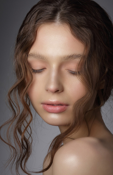 Dreamy Girl with Closed Eyes in Thoughts. Natural Clean Skin - Zdjęcie, obraz