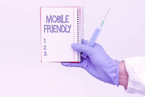 Inspiráció mutató jel Mobil Friendly. Üzleti kirakat weboldal célja, hogy megjelenítse a mobil eszközön helyesen Elkészítése orvosi vakcina bemutatása Új gyógyszer készítmény - Fotó, kép