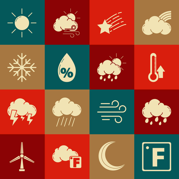 Set Fahrenheit, Wolke mit Regen, Thermometer, Fallender Stern, Wassertropfen Prozentsatz, Schneeflocke, Sonne und Sonnensymbol. Vektor - Vektor, Bild