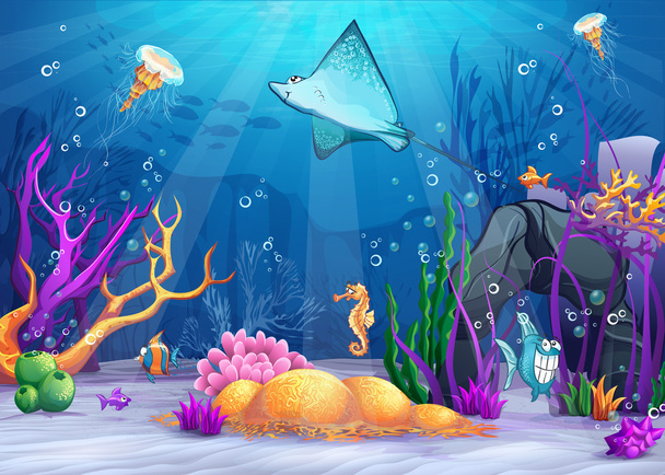 Подводный мир с забавной рыбой и пандусом
 - Вектор,изображение