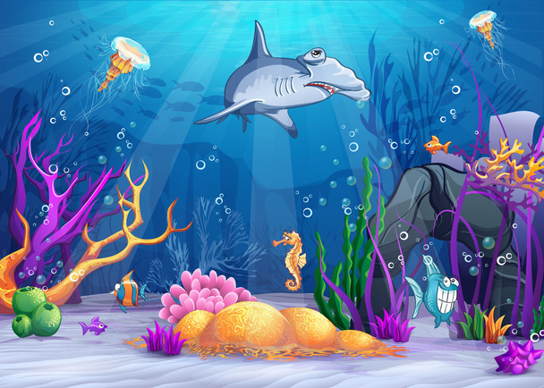 Underwater world with a funny fish and hammerhead shark - Vector, Image