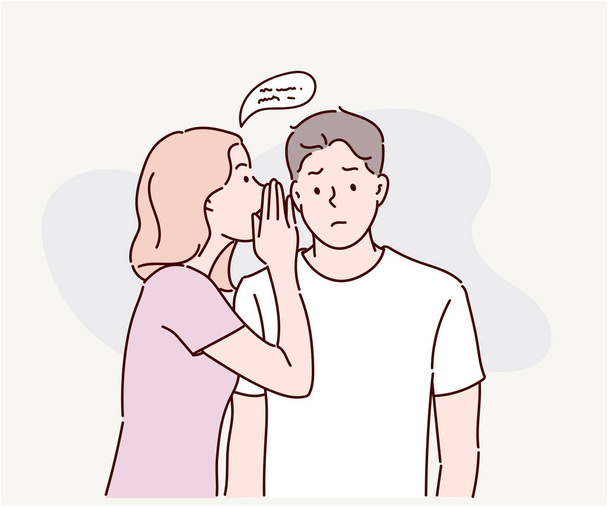Woman whispering gossip or secret rumors to man. Expressing communication concept and gossip. Hand drawn in thin line style, vector illustrations. - Vector, Image