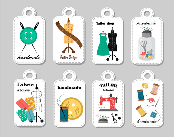 A set of tags with drawings of sewing tools. Sewing machine, fabric and mannequin, buttons and scissors.  - Vector, Image