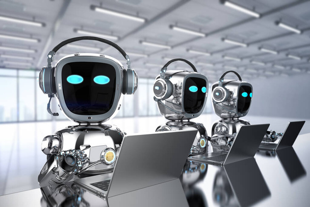 Los trabajadores de oficina de automatización con el grupo de representación 3D de asistentes robot trabajan con computadora portátil - Foto, imagen