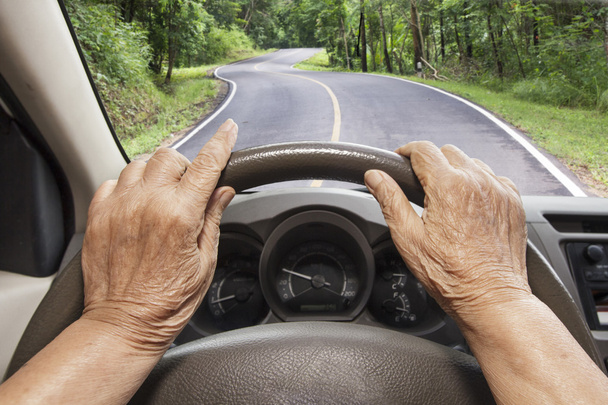 Senior woman driving a car on highway in forest. - Fotografie, Obrázek