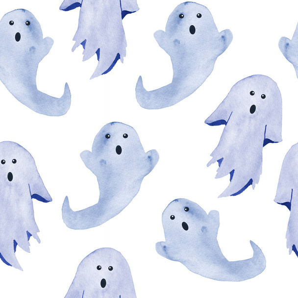 Hand drawn watercolor seamless pattern of Halloween fall autumn pastel soft blue ghosts apparitions on white background. Horror goth gothic cards, invitation, Halloween design, Cute kawaii painting - Фото, зображення