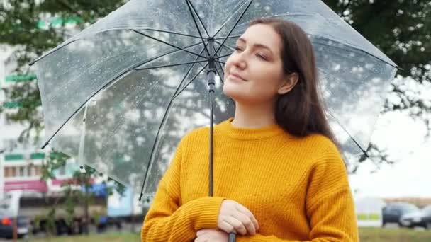 young woman in a mustard sweater stands under a transparent umbrella in rainy weather - Footage, Video